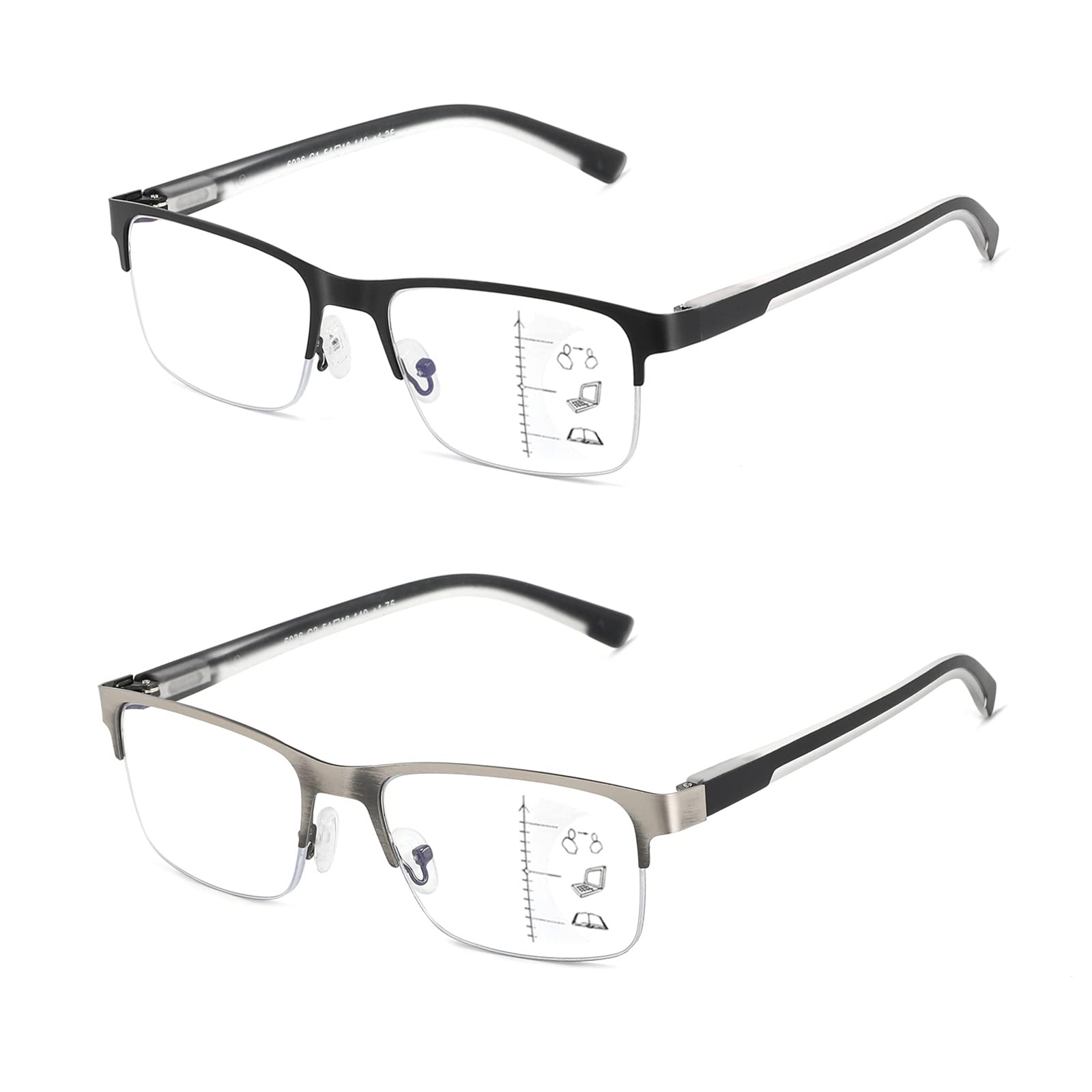 Multifocus Reading Glasses Men Progressive Multifocal Blue Light Computer Reader Half Frame Metal Extra Wide Eyeglasses No Line Bifocals Large Designer Cheaters Transition Square Eyewear 2packs 1.75