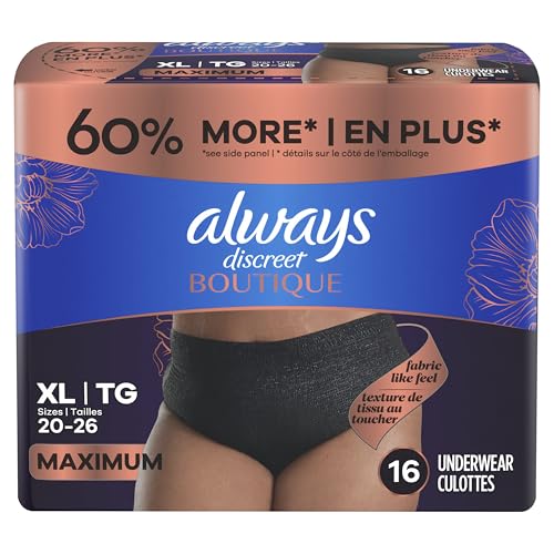 Always Discreet Boutique Incontinence and Postpartum Underwear for Women, Maximum Protection, Extra Large, Black, 16 Count