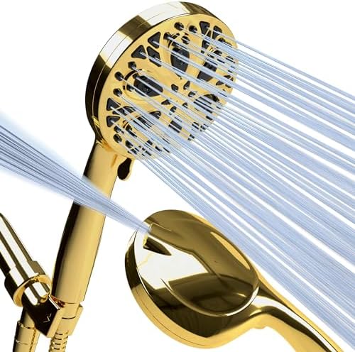 SparkPod 10-Mode Handheld Shower Head with Hose - 5" High Pressure Shower Head Set with Touch-to-Clean Nozzles, Built-In Power Jet, Stainless Steel 6ft Hose & Bracket (Egyptian Gold)
