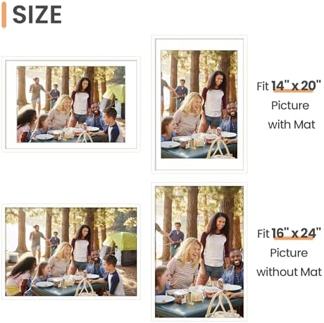 upsimples 16x24 Picture Frame, Display Pictures 14x20 with Mat or 16 x 24 Without, Wall Hanging Poster Frames, White, 1 Pack