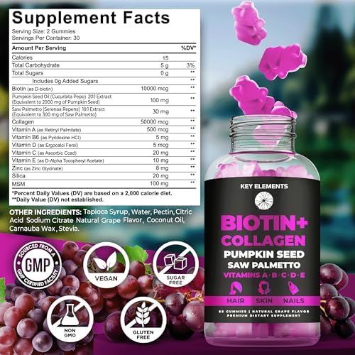 Hair Skin and Nails 10000mcg Biotin Gummies & Collagen Gummies - Biotin Vitamins Gummies for Hair Growth Pumpkin Seed Oil, Saw Palmetto Extract & Vitamins A B6 C D E - Biotin and Collagen Supplements
