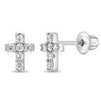 In Season Jewelry Sterling Silver Tiny CZ Cross Kids Earrings - Clear