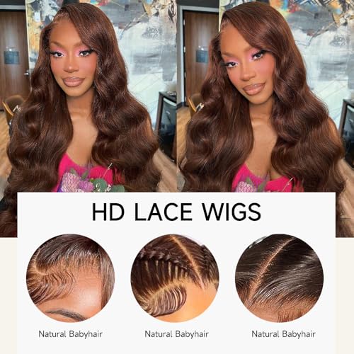 24 Inch Chocolate Brown Lace Front Wig 13x4 Body Wave Lace Front Wigs Human Hair Pre Plucked with Baby Hair Brown Wig Human Hair 200 Density HD Lace Frontal Wigs Human Hair