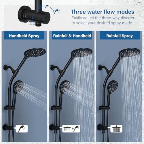7.5" Rotatable Dual Shower Head with Handheld Combo, Kids Friendly Low 3-Way Diverter, Adjustable Slide Bar for Whole Family Use, Enjoy High Pressure Rainfall Spa Shower, Matt Black