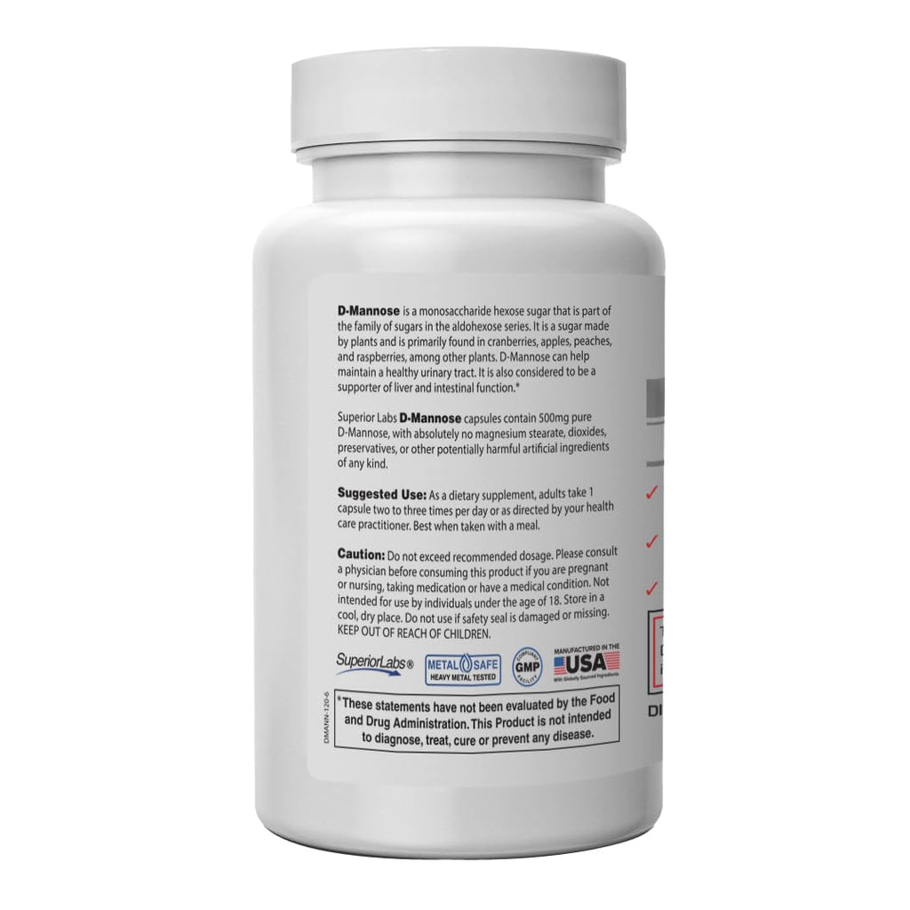 Superior Labs D-Mannose 500 mg, Pure Non-GMO Optimal Absorption Prebiotic, Urinary Tract, Bladder & Kidney UTI Support, Digestive & Liver Health Aid, IC Relief for Women & Men, 120 Veg Caps