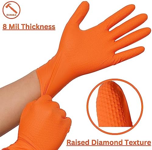Industrial Nitrile Gloves – Heavy Duty Latex & Powder Free Disposable Gloves with Diamond Texture - 8 Mil (Orange)