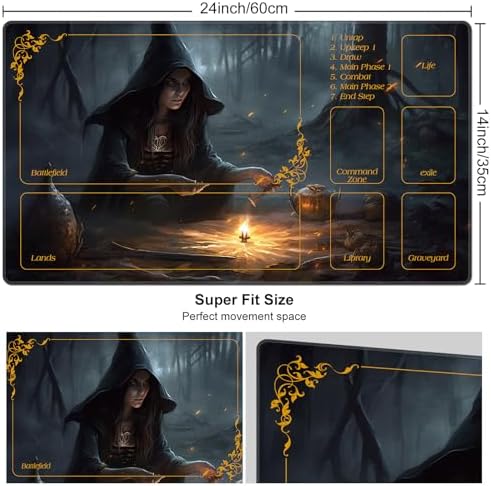 DEGDFSGR MTG Playmat with Zones - 24 x 14 inches, Non-Slip Rubber Base Commander Playmat for Magic The Gathering, Dark Forest Black Cloak Witch