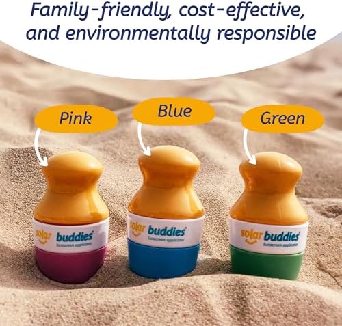 Solar Buddies Sunscreen Applicator - Pink Pack of 3 - BPA-Free Refillable Roll on Sponge Sunscreen, Suncream & Lotion Applicator For Kids, Adults & Families - Holds 3.4fl oz, Perfect Size for Travel