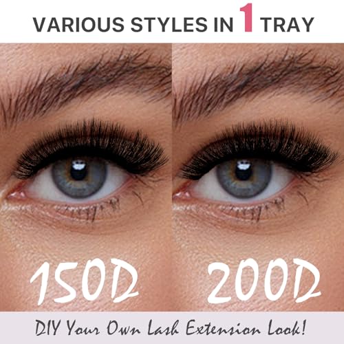 Fluffy Lash Extension Kit 182Pcs Thick Eyelash Extension Kit 10-18mm Volume Cluster Lashes Set with Bond and Seal Tweezers Cluster Remover (150D&200D Kit)