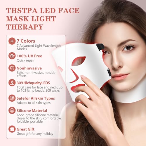 Led Face Mask Light Therapy,Red Light Therapy for Face and Neck,7 Colors LED Facial Skin Care Mask,5 Level Brightness Adjustment,309 LED Beads Can Be Used at Home,White