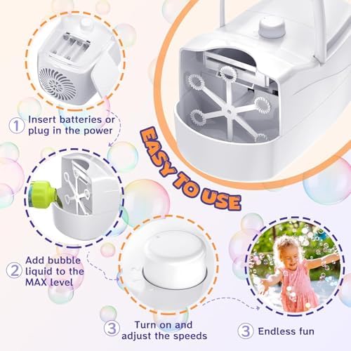 Bubble Machine, Automatic Bubble Blower for Kids, 18000+ Bubbles Per Minute with 2 Speed Settings, Battery/USB Powered Bubble Maker for Toddlers, Outdoor Birthday Parties, Weddings (White)