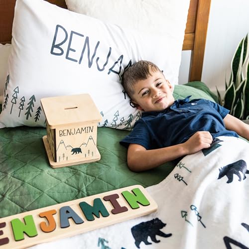 Wooden Piggy Bank for Kids and Adults, Personalized Gift Handmade in USA by BloomOwl, Custom Piggy Bank, Personalized Banks for Kids, Gifts for Baby Boys and Girls (Minimal Bear)