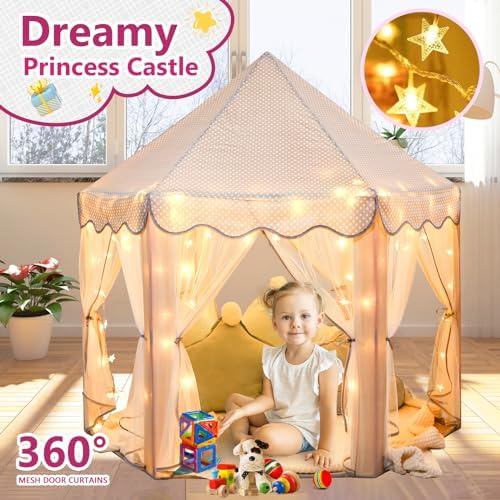 Monobeach Princess Tent Girls Large Playhouse Kids Castle Play Tent with Star Lights Gift Toy for Children Indoor and Outdoor Games, 55'' x 53'' (DxH) (Grey)