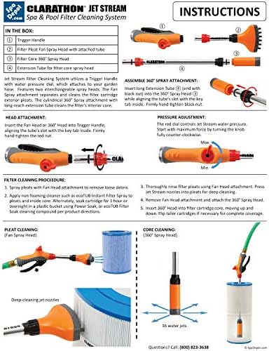 Jet Stream Spa & Pool Filter Cleaner Dual Tool Set with Fan Spray Head for Outer Pleats + Long-Reach 360° Cartridge Core Cleaning Wand