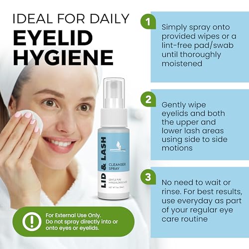 Essentially Based Eyelid Cleanser Kit - 2 oz Eyelids and Eyelash Cleaner - Hypochlorous Acid Spray Solution - Eye Wash Solution with 30 Application Pads - Made in USA