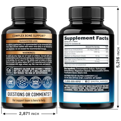 Calcium 1200 mg with Vitamin D3 - Calcium Citrate Supplements for Women & Men - Bone Health, Strength & Density - High Absorption & Slow Release - Lab Tested, Made in USA - 180 Tablets, 60 Days Supply