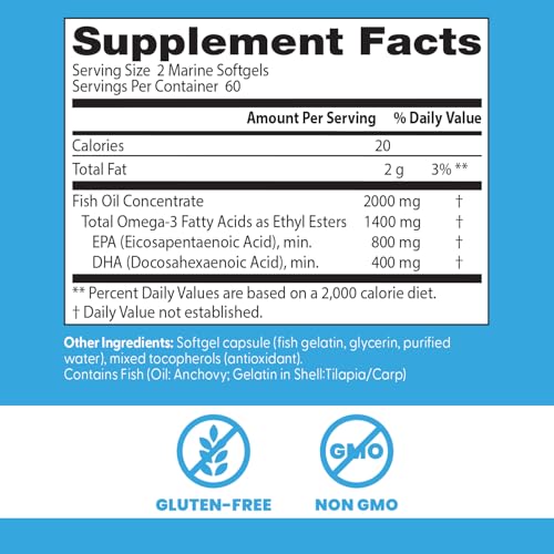 Doctor's Best Omega 3 Fish Oil Supplement for Women & Men - Source of DHA, EPA, & Omega-3 Fatty Acids, Purified, High 2000 mg Potency, Heart Health Support, Non-GMO, Gluten Free - 120 Marine Softgels