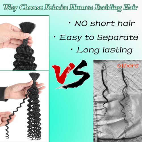 Human Braiding Hair for Boho Braids Synthetic Human Hair Mixed 150g 3 Bundles Deep Wave Bulk Human Hair for Braiding No Weft Curly Braiding Hair Bulk Hair Extensions Natural Color(24Inch)