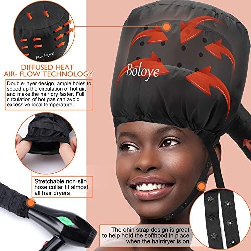 Hair Dryer Bonnet, Large Bonnet Hooded Hair Dryer Attachment for Speeds Up Drying Time & Deep Conditioning, Fits All Head Sizes & All Hair Styling, for Women Long Curly Braid Hair (Black, Universal)