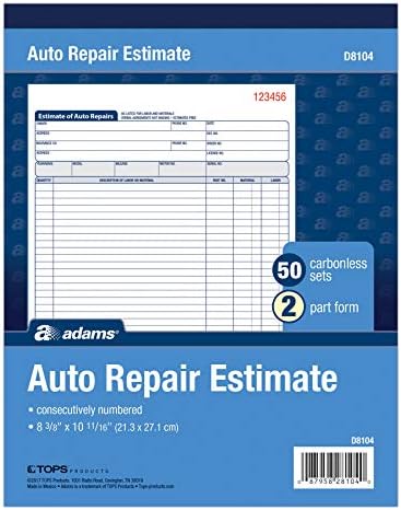 Adams Garage Repair Order Forms, 8.5 x 11 Inch, 3 Parts, 250-Count, White and Canary and White Tag & Auto Repair Estimate Book, 2-Part, Carbonless, White/Canary, 8-3/8 x 10-11/16 Inches