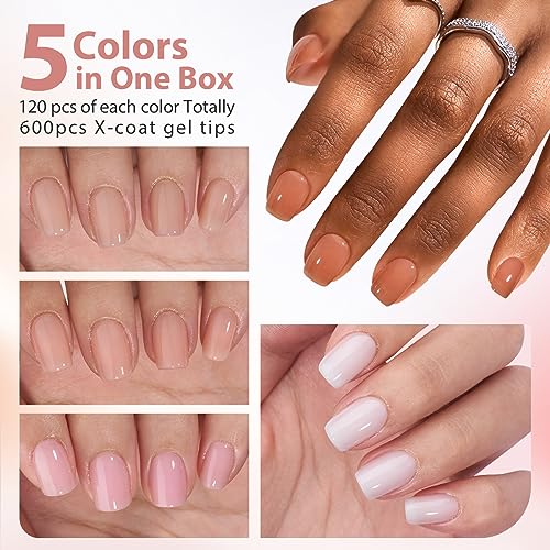 BTArtbox Extra Short Nail Tips Square - 600 Pcs Gel Press On Nails Natural XCOATTIPS Pre-applied Tip Primer Cover, Pre-colored Gel Tips Fake Nails for Easy DIY Nail Art 15 Sizes