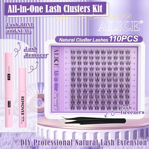 ALICE Natural Lash Extensions Kit Invisible Band Lash Clusters Kit Wispy10-14mm Eyelash Extensions C Curl Individual Cluster Lashes Kit with Lash Remover DIY at Home