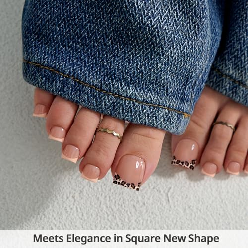 BTArtbox Press On Toenails - Lamp-Curable Real Square French Tip Toe Nail Press Ons with Glue for Women, Semi-Transparent Fake Toe Nail Tips in 15 Sizes - 30 Toenails Kit, Leopard