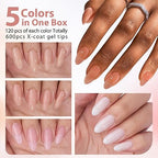 BTArtbox Soft Gel Nail Tips Almond, 600PCS 5 Colors XCOATTIPS Natural Pre-applied Tip Primer Cover, Pre-colored 15 Sizes Medium Press On Nails Soak Off Fake Nails for Nail Art DIY
