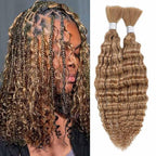 Human Hair Braiding Hair 14 Inch Deep Wave Bulk Human Hair for Braiding 10A Brazilian Curly Human Hair Extensions for Boho Braids Wet and Wavy Color 27# Honey Blonde Human Braiding Hair 2 Bundle 100g