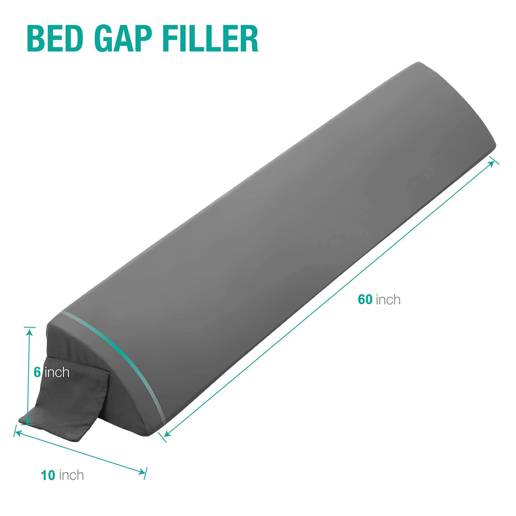 Vekkia Queen Bed Wedge Pillow for Headboard Gap, 0–6" Gap Filler with Side Pockets & Washable Cover, Gray 60"x10"x6"