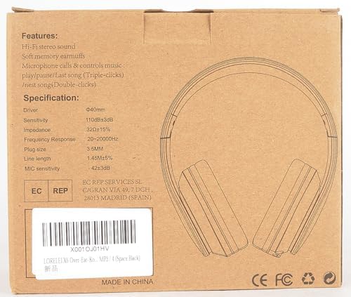 LORELEI X6 Over-Ear Headphones with Microphone, Lightweight Foldable & Portable Stereo Bass Headphones with 1.45M No-Tangle, Wired Headphones for Smartphone Tablet MP3 / 4 (Space Black)