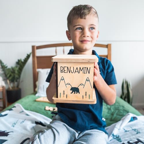 Wooden Piggy Bank for Kids and Adults, Personalized Gift Handmade in USA by BloomOwl, Custom Piggy Bank, Personalized Banks for Kids, Gifts for Baby Boys and Girls (Minimal Bear)