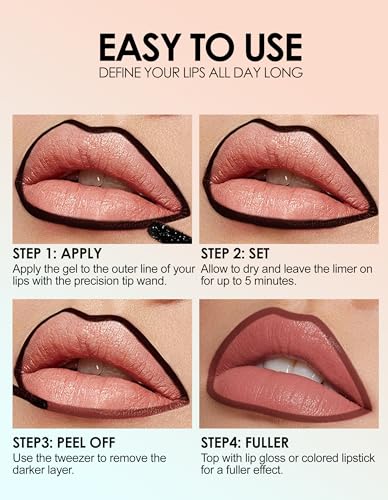 Erinde 3PCS Peel Off Lip Liner Stain, Long Lasting Tattoo Lip Liner with Tweezer, Matte Finish Peel Off Lip Stain, Waterproof Transfer Proof Lip Stain Peel Off, Non-Stick Cup Nude Lip Stain Lipliner