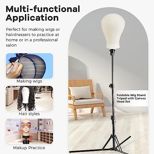 Neverland Beauty & Health 23 Inch Wig Stand Tripod with Head,Wig Head Stand with Mannequin head,Mannequin Head Stand with Canvas Head for Wigs,Manikin Head Set for Wigs Making Display