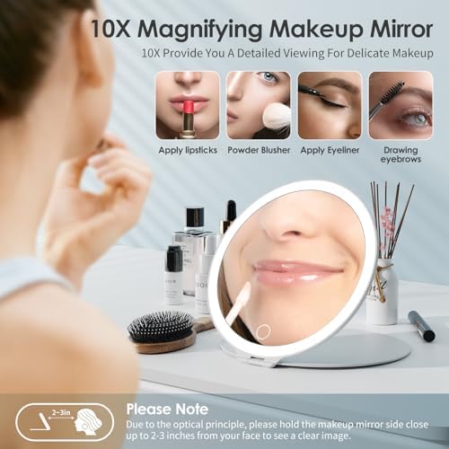 Large 10X Magnification 7 Inch Rechargeable Travel Makeup Mirror, Portable Vanity Mirror with 80 LED Lights, 3 Color Lighting and Dimmable Touch Screen,Travel Essentials,Gift for Women