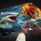 Playmats for Magic: The Gathering MTG Card Game Mat Plus 50 Pcs Card Sleeves, 24 x 14 inch TCG Mat with Stitched Edge for Commander Deck Duskmourn Board Game, Dragon and White Shark
