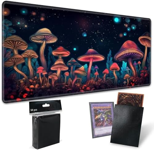 for MTG Playmat TCG Board Game Mat Plus 50 Pcs Card Sleeves, 24 x 14 Table Mats Neon Mushroom Game Mousepad with Soft Surface Non-Slip Base for MTG Trading Card Game Playmats