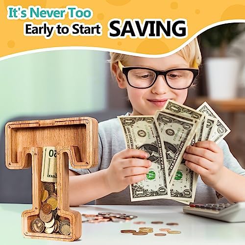 SummiDate Wooden Letter Piggy Bank Piggy Bank for Boys and girls Alphabet Money Bank Thanks Giving Gifts(Initial-T)