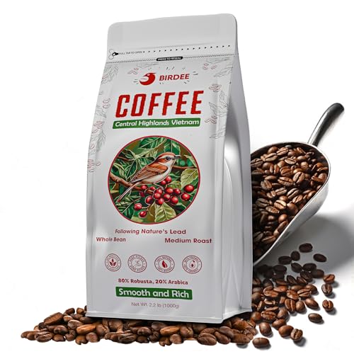Birdee Vietnamese Coffee – 2.2 LB, Medium Roast Whole Bean, Arabica and Robusta Blend, Hand-Picked, Resealable Bag, Smooth Flavor, Low Acid, High Caffeine, Single-Origin
