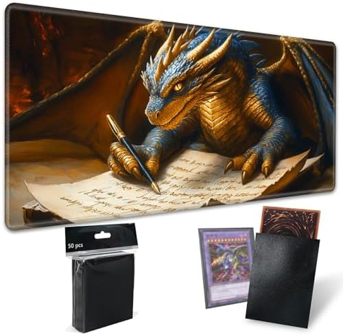 Playmats for Magic: The Gathering MTG Card Game Mat Plus 50 Pcs Card Sleeves, 24 x 14 inch TCG Mat with Stitched Edge for Commander Deck Duskmourn Board Game, Dragon Writing with Feet