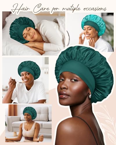 BONNET QUEEN Silk Bonnet for Sleeping for Women Satin Bonnet Double Layer Reversible in 2 Color Adjustable Hair Bonnet Satin Lined Night Sleep Cap for Curly Hair, Dark Green+Aqua