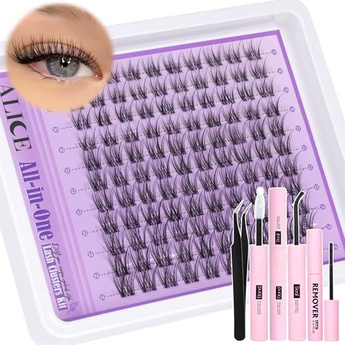 ALICE Natural Lash Extensions Kit Invisible Band Lash Clusters Kit Wispy10-14mm Eyelash Extensions C Curl Individual Cluster Lashes Kit with Lash Remover DIY at Home
