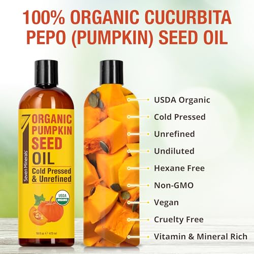 Seven Minerals NEW Pumpkin Seed Oil for Hair Growth, Face, & Body - Big 16oz Bottle - USDA Organic, Cold-Pressed & Hexane Free - Lightweight, Non-Greasy, & Deeply Moisturizing for Scalp, Skin