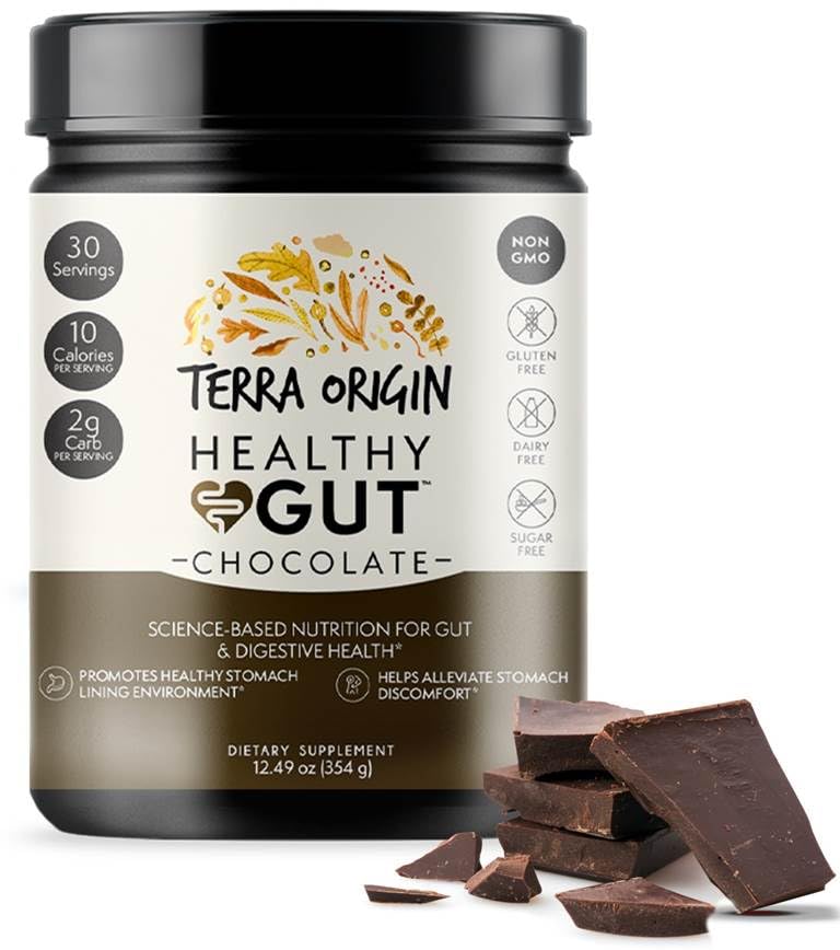 TERRA ORIGIN Healthy Gut Chocolate | 30-Servings with L-Glutamine, Zinc, Glucosamine, Slippery Elm Bark, Marshmallow Root and More!