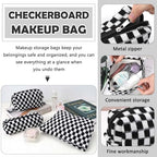 3 Pcs Makeup Bag Cosmetic Bag Set for Girls Women Checkered Travel Organizer Bathroom Toiletry Pouch Large Capacity Storage Bag (Black-White)