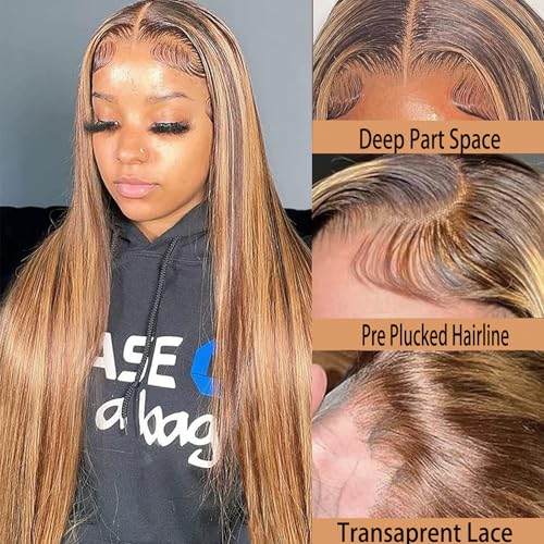 Highlight Ombre Lace Front Wig Human Hair 28Inch Honey Blonde Lace Front Wigs Human Hair 13x6 HD Lace Front Wig Human Hair 180% Density 4/27 Colored Straight Human Hair Pre Plucked with Baby Hair