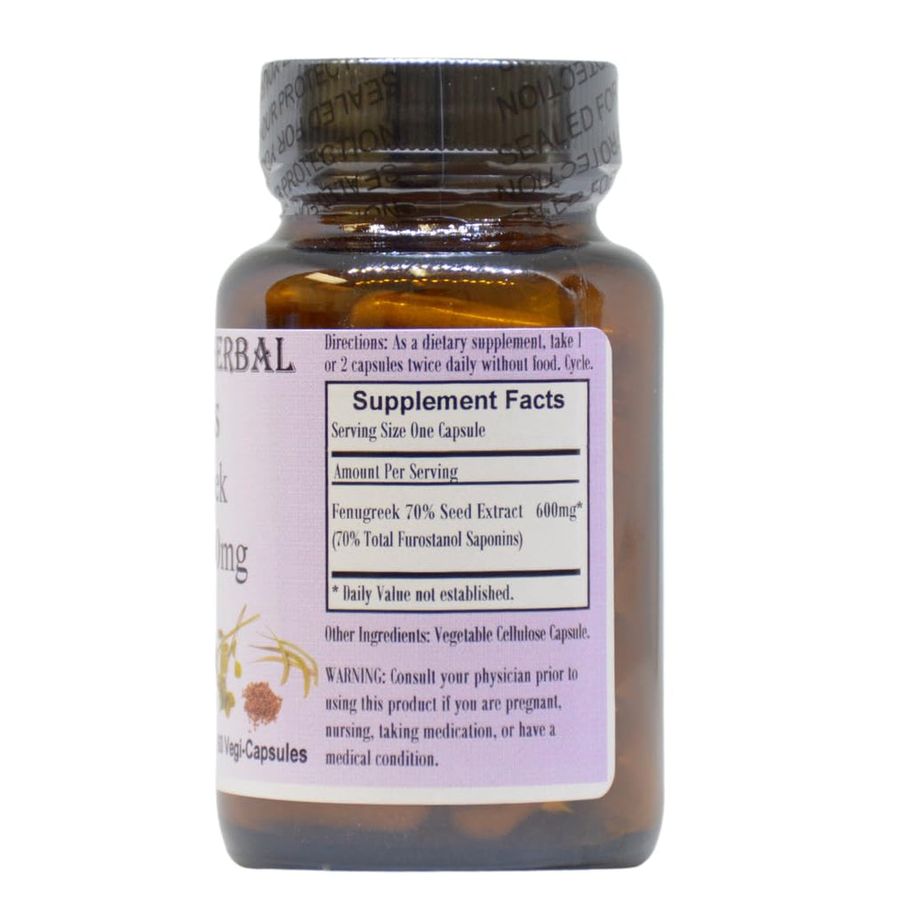 Barlowe's Herbal Elixirs Fenugreek Extract | 70% Furostanol Saponins | 600 mg per Capsule | 60 Vegi-Capsule | Non-GMO | Stearate Free | Glass Bottle