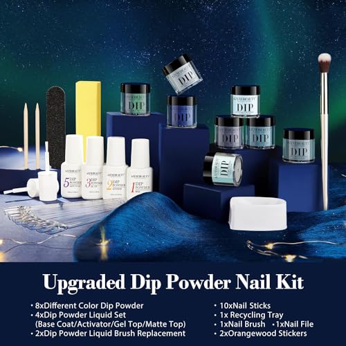 AZUREBEAUTY 30Pcs Dip Powder Nail Kit Starter with Nail Sticks, Glitter Baby Dark Blue 8 Colors Dipping Powder Liquid Set Added Matte Top Coat for Fall Winter Nail Art Manicure Salon DIY Home Gift
