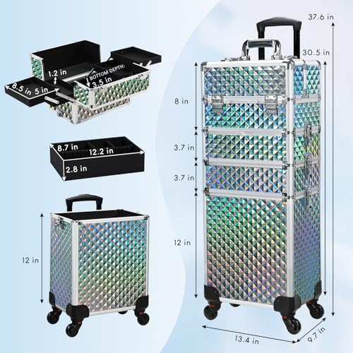 Stagiant Rolling Makeup Train Case Large Storage Cosmetic Trolley 4 in 1 Large Capacity Trolley Makeup Travel Case with Key Swivel Wheels Salon Barber Case Traveling Cart Trunk