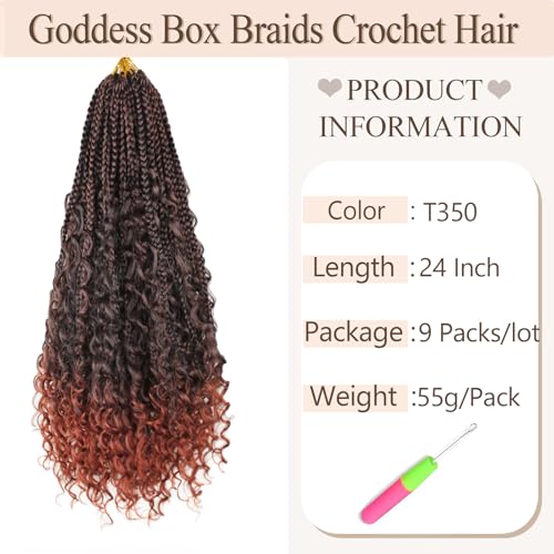 9 Packs Boho Box Braids Crochet Hair 24 Inch Goddess Box Braids Crochet Hair With Curly Ends Synthetic Bohemian Braids Hair Extension For Women (24inch, 1B/350)